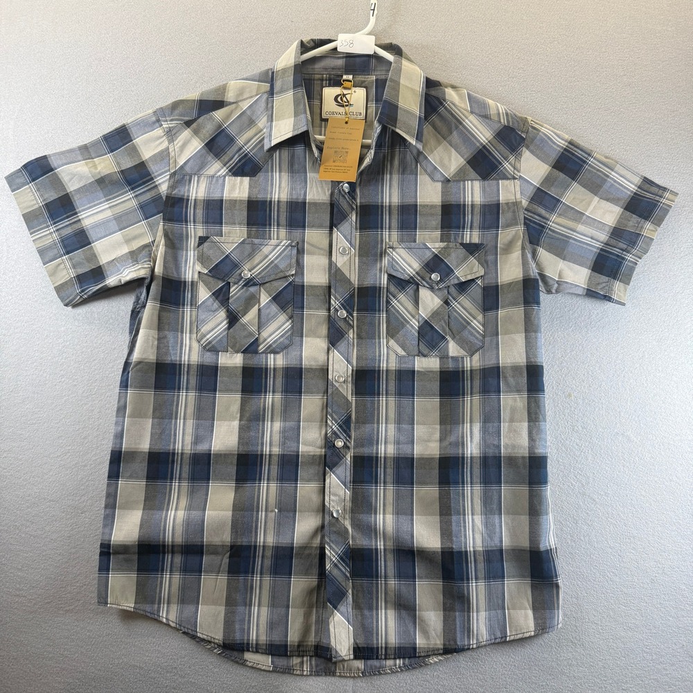 Coevals Club Mens Western Pearl Snap Shirt Blue Grey Plaid Short Sleeve Medium